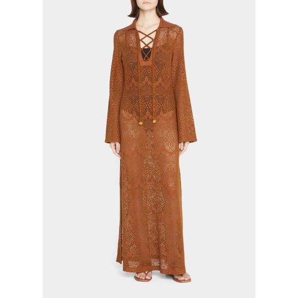 Jonathan Simkhai Swim Zariah Brown Crochet Lace-Up Coverup Maxi Dress Size Small - Picture 1 of 10